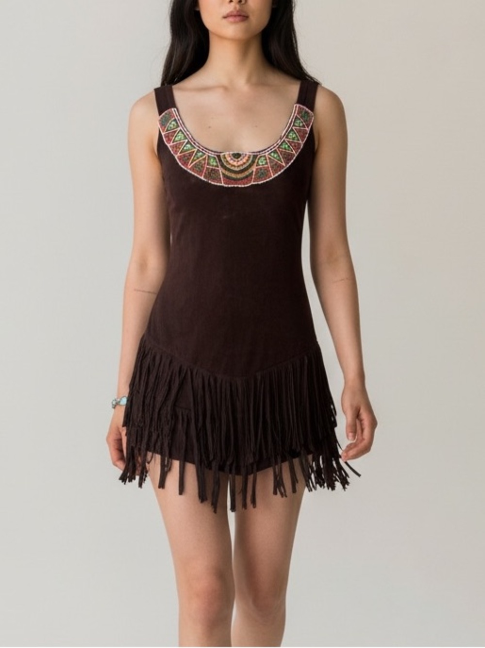 Dreamgirl Brown Sleeveless Fringe Mini Dress with Embroidered Scoop Neckline